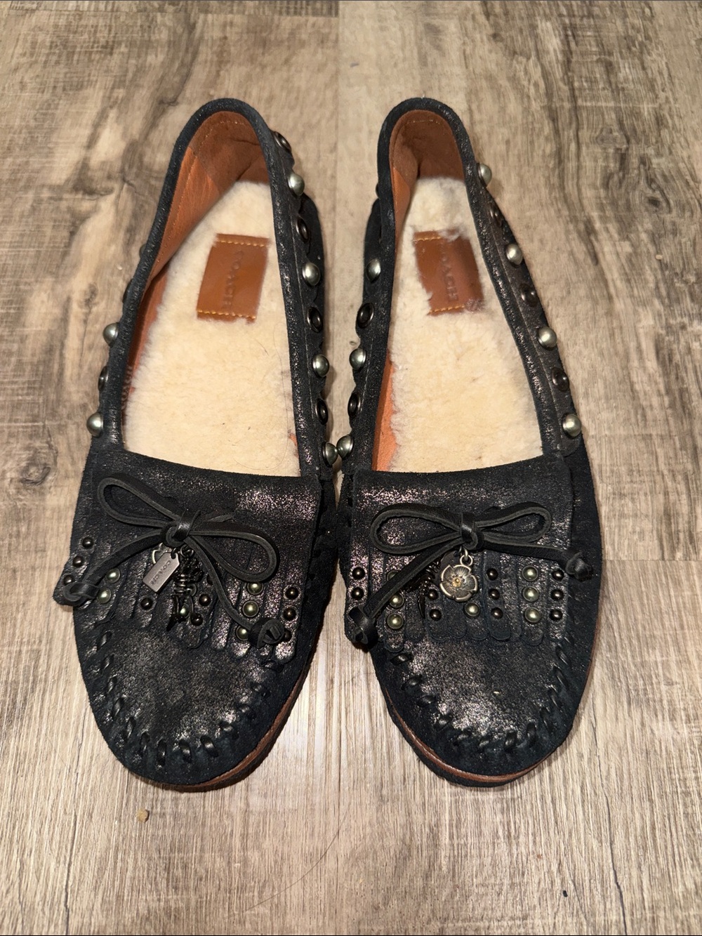 Coach Black Studded Shearling-Lined Moccasins